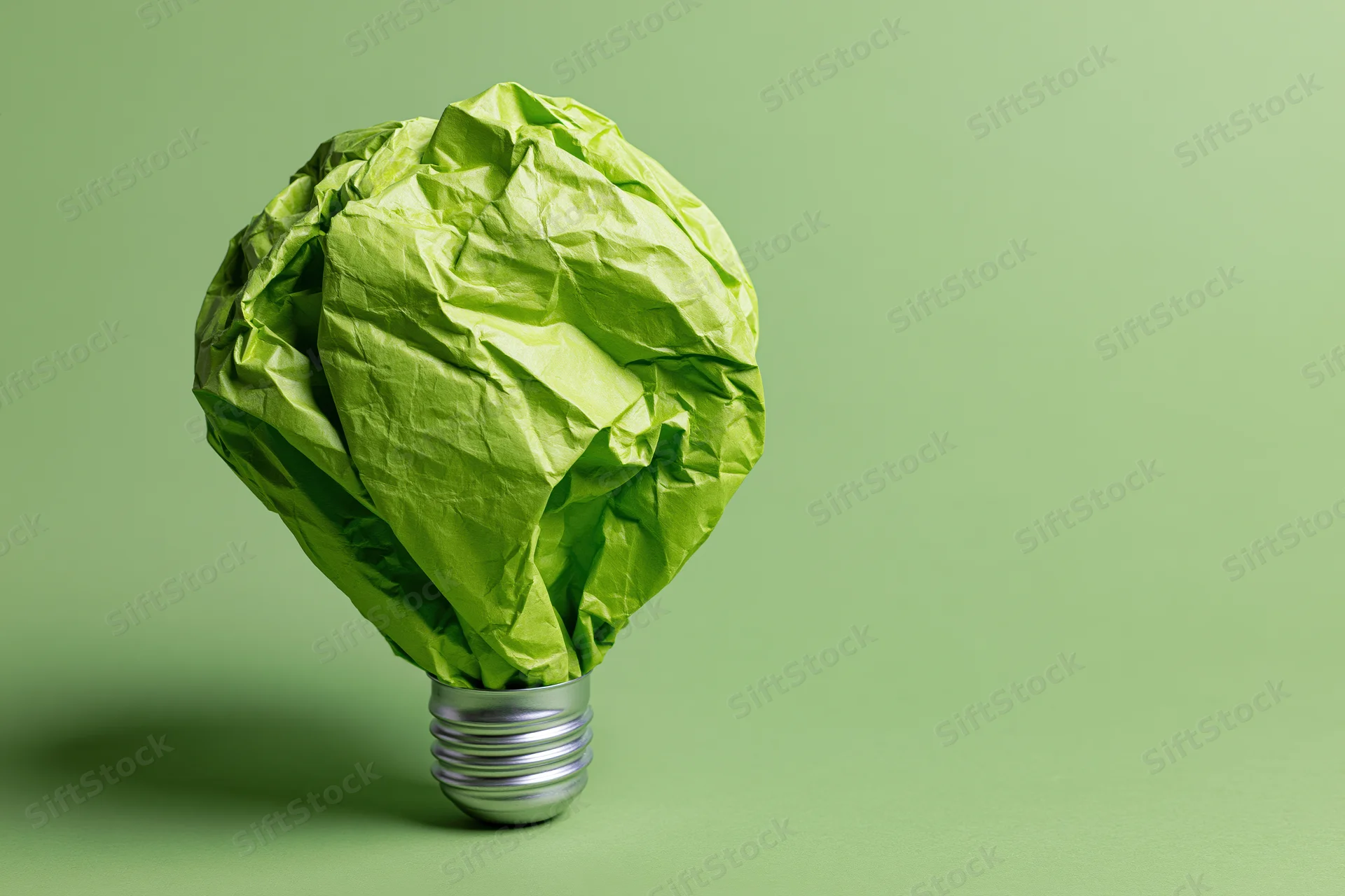 Crumpled green paper shaped as a lightbulb on a green surface