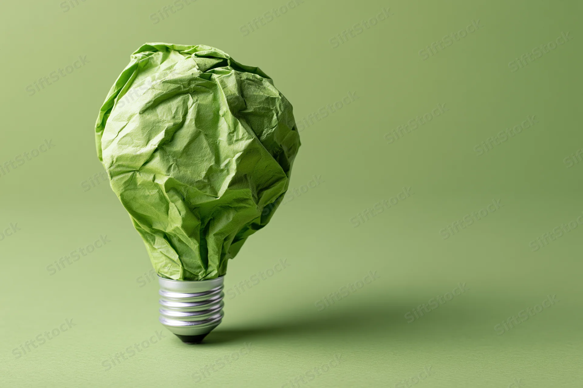 Crumpled green paper shaped as a lightbulb on a green surface