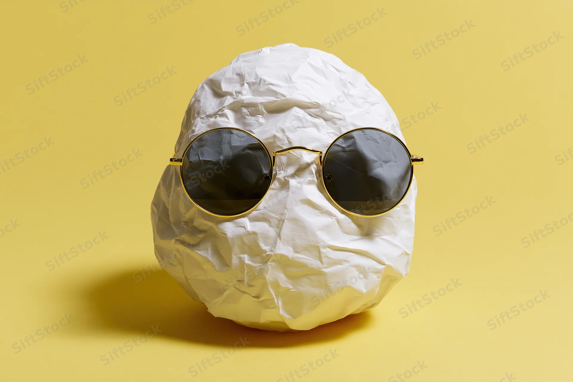 Crumpled white paper ball wearing round gold-frame sunglasses on yellow background