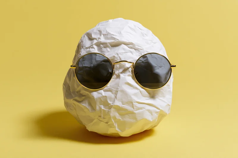 Crumpled white paper ball wearing round gold-frame sunglasses on yellow background