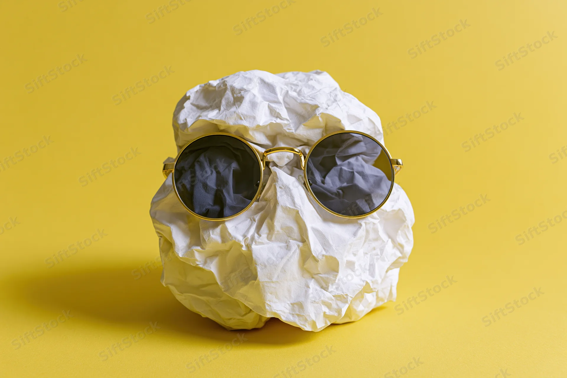 Crumpled white paper ball wearing round gold-frame sunglasses on yellow background