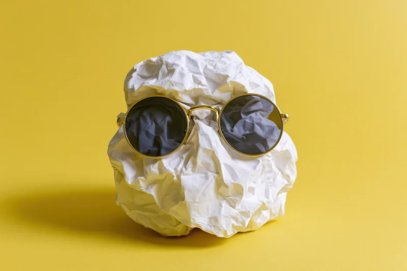 Crumpled white paper ball wearing round gold-frame sunglasses on yellow background