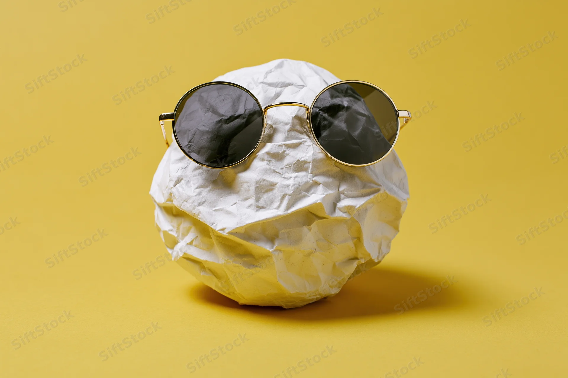 Crumpled white paper ball wearing round gold-frame sunglasses on yellow background