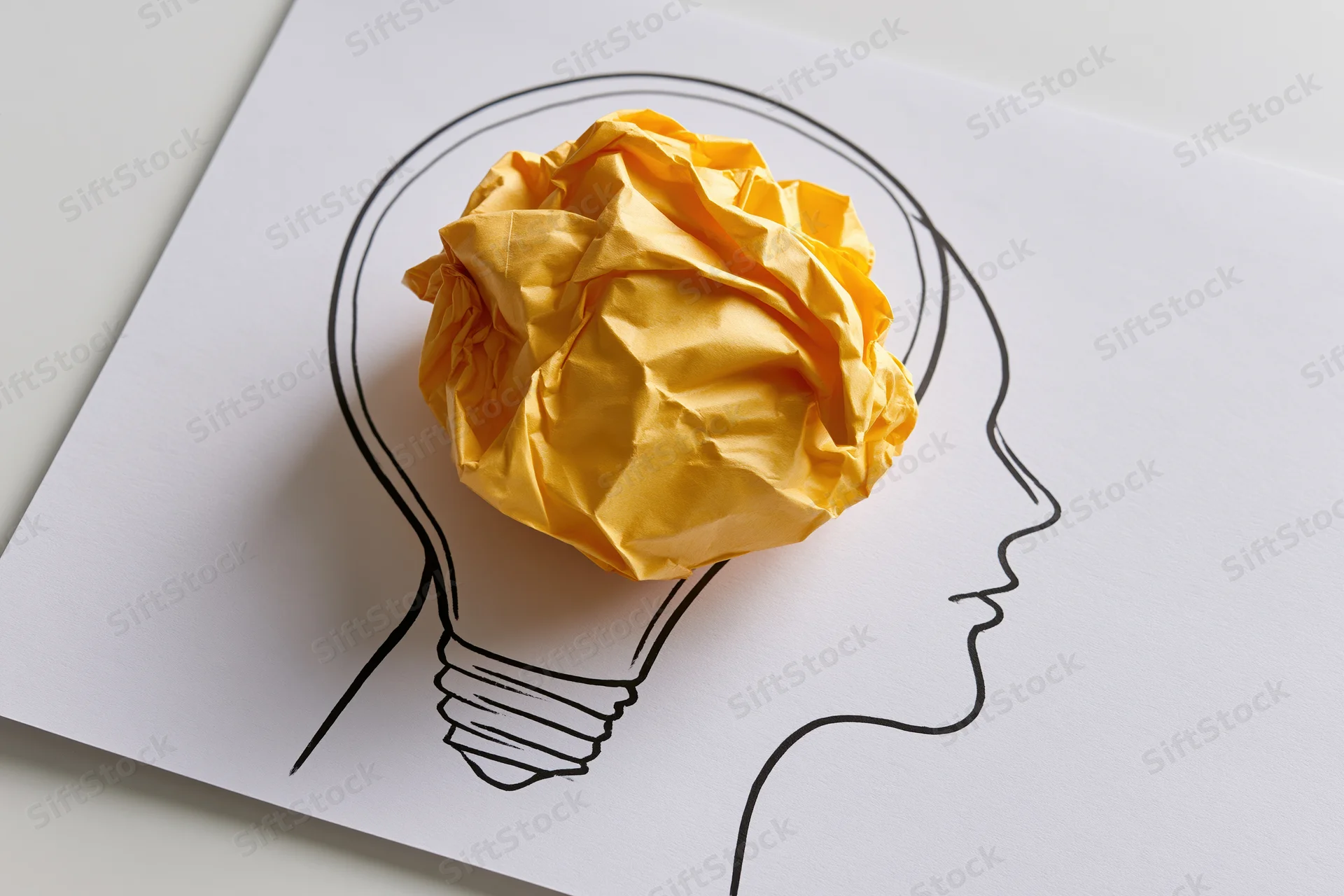 Crumpled yellow paper ball placed inside a hand-drawn lightbulb outline within a human head profile on white paper