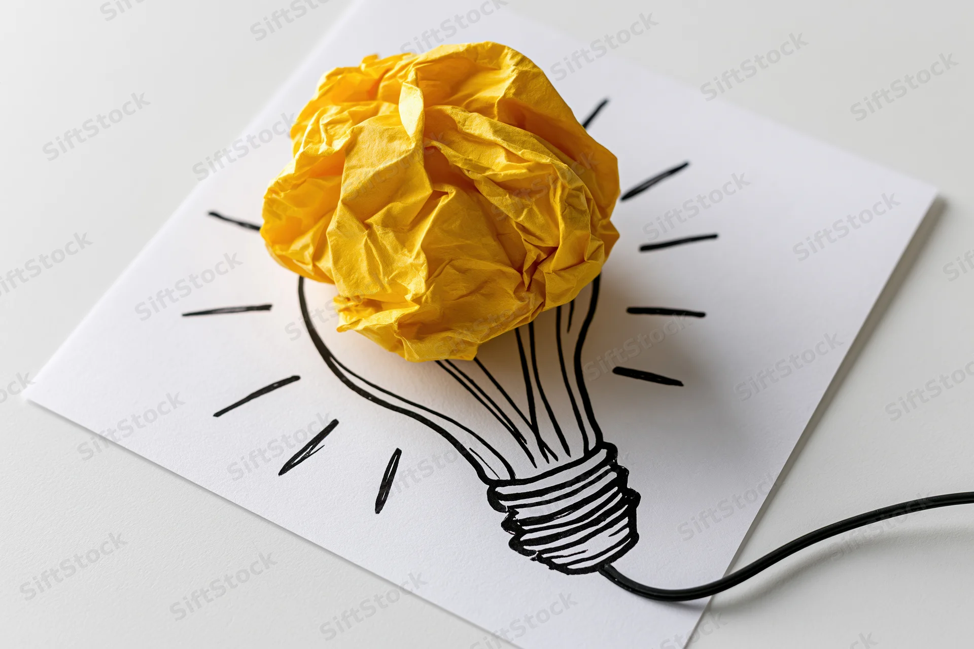 Crumpled yellow paper ball placed on hand-drawn lightbulb sketch on white paper