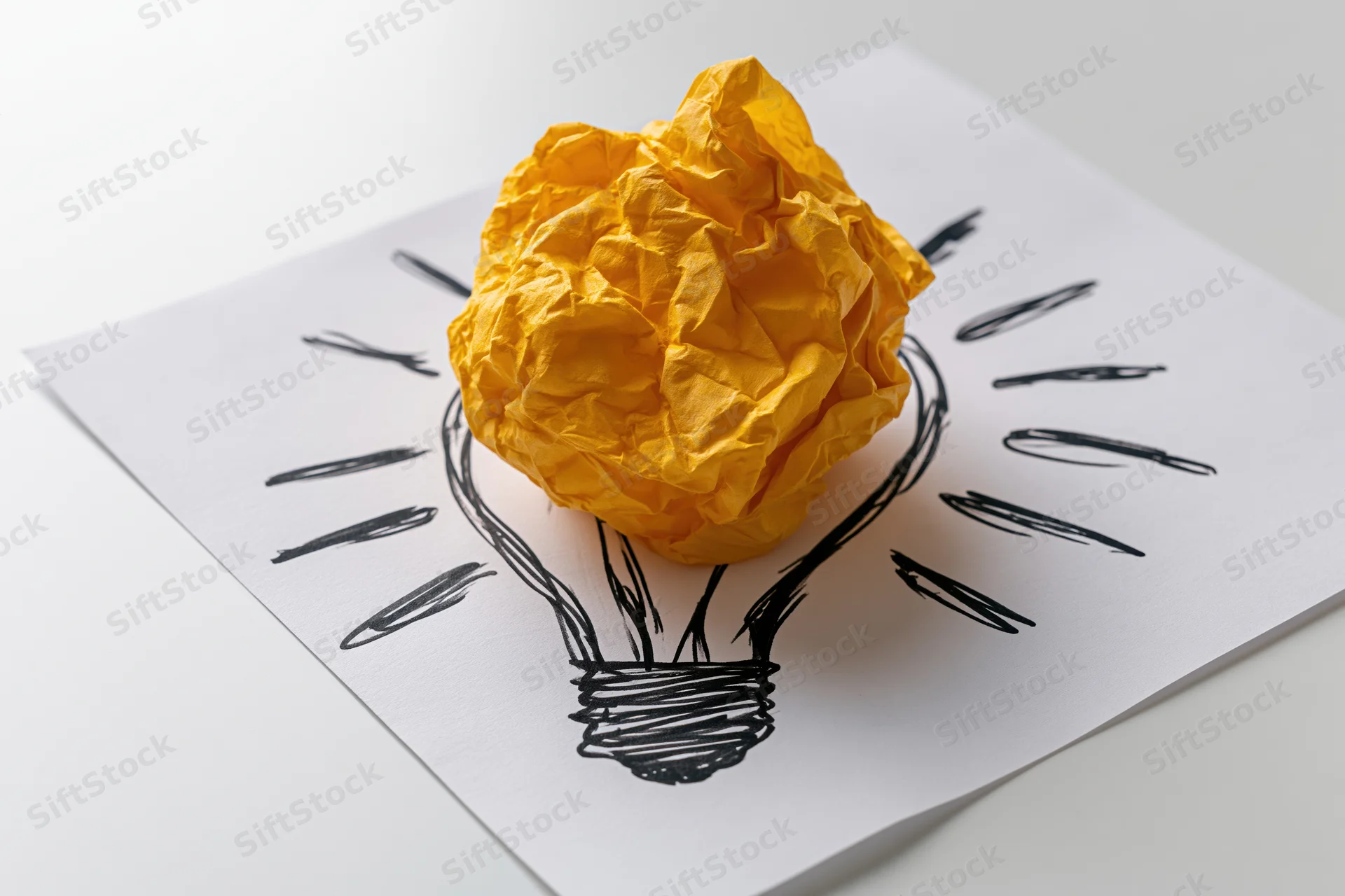Crumpled yellow paper ball placed on hand-drawn lightbulb sketch on white paper