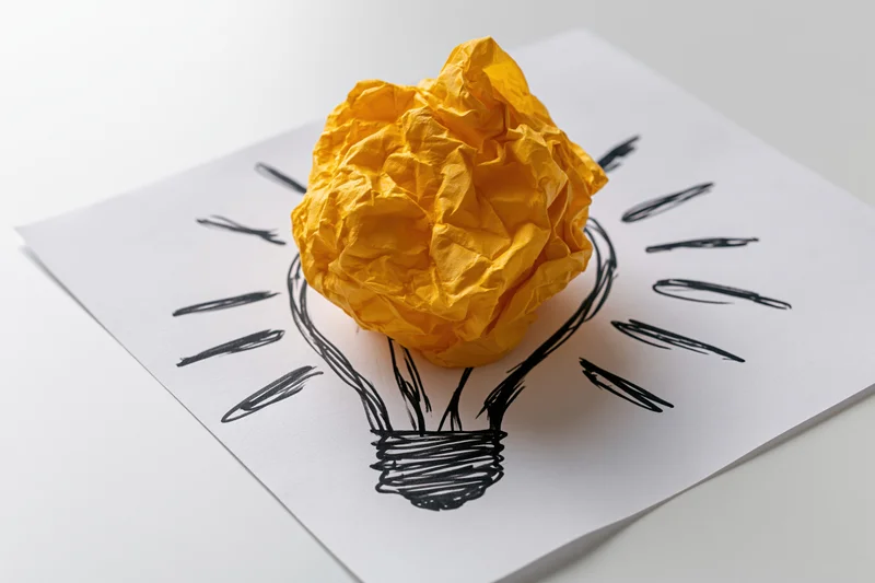 Crumpled yellow paper ball placed on hand-drawn lightbulb sketch on white paper