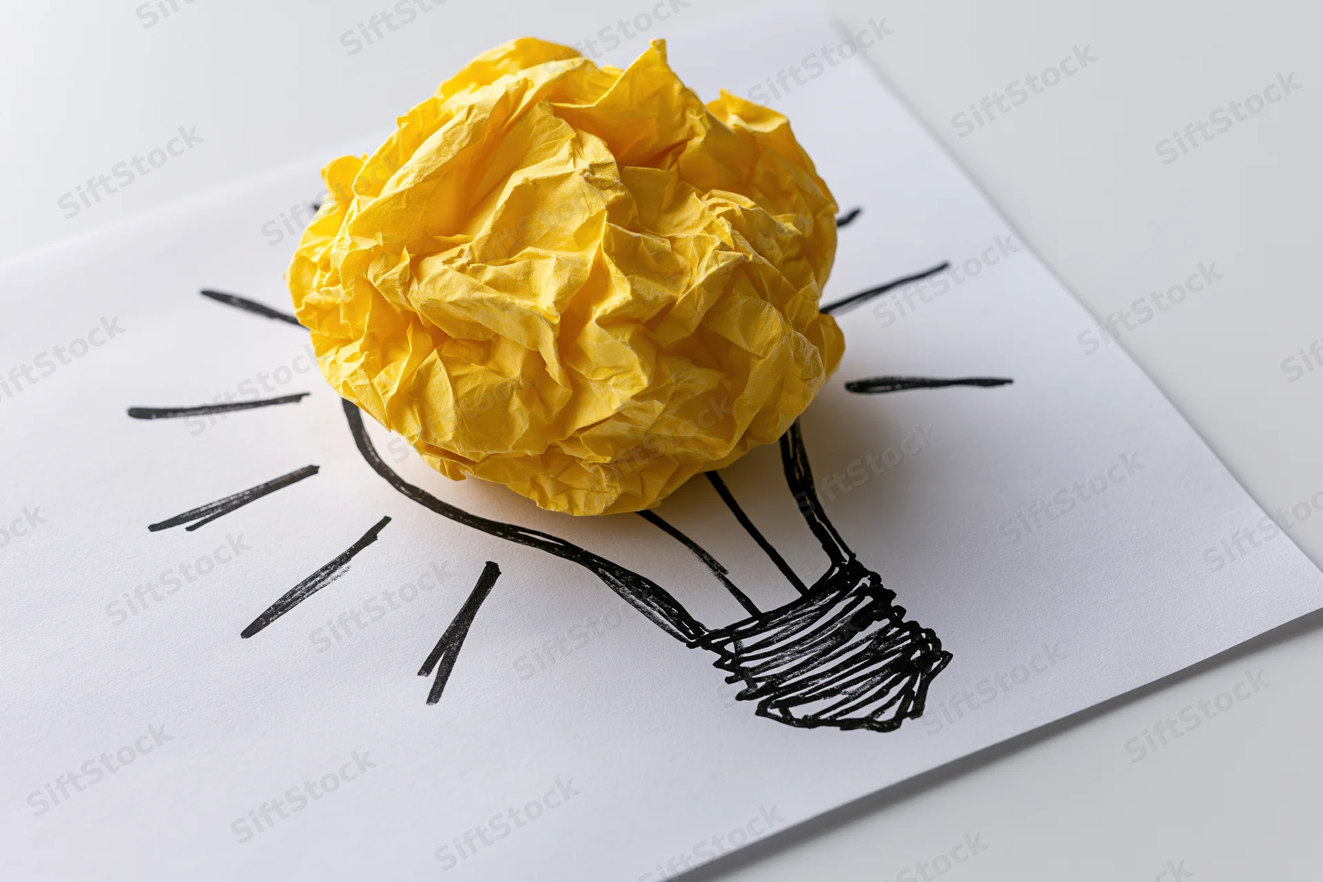Crumpled yellow paper ball placed on hand-drawn lightbulb sketch on white paper