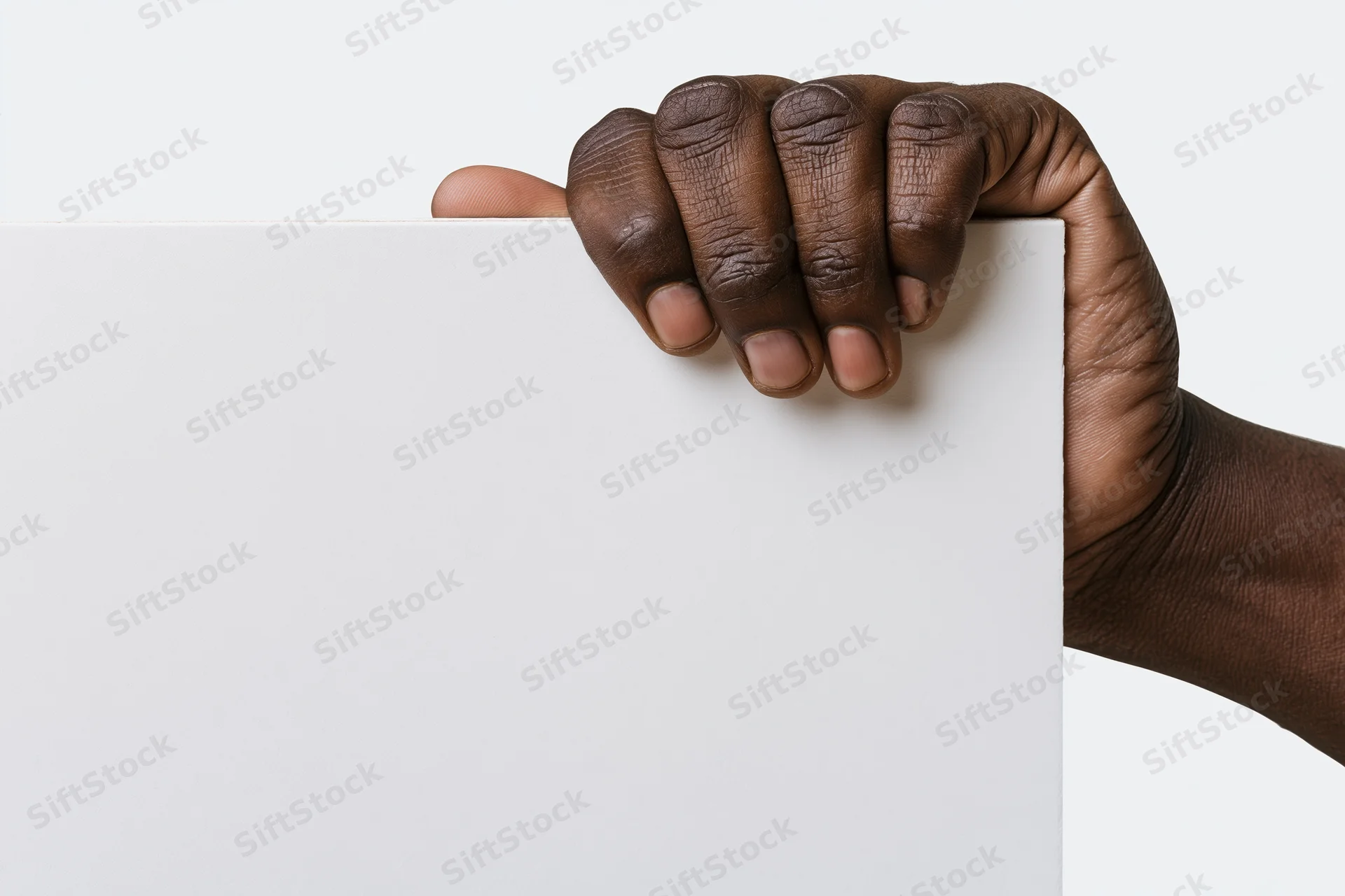 Dark-skinned hand gripping top edge of blank white board against white background