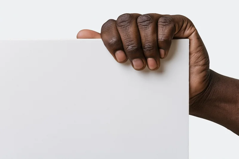 Dark-skinned hand gripping top edge of blank white board against white background