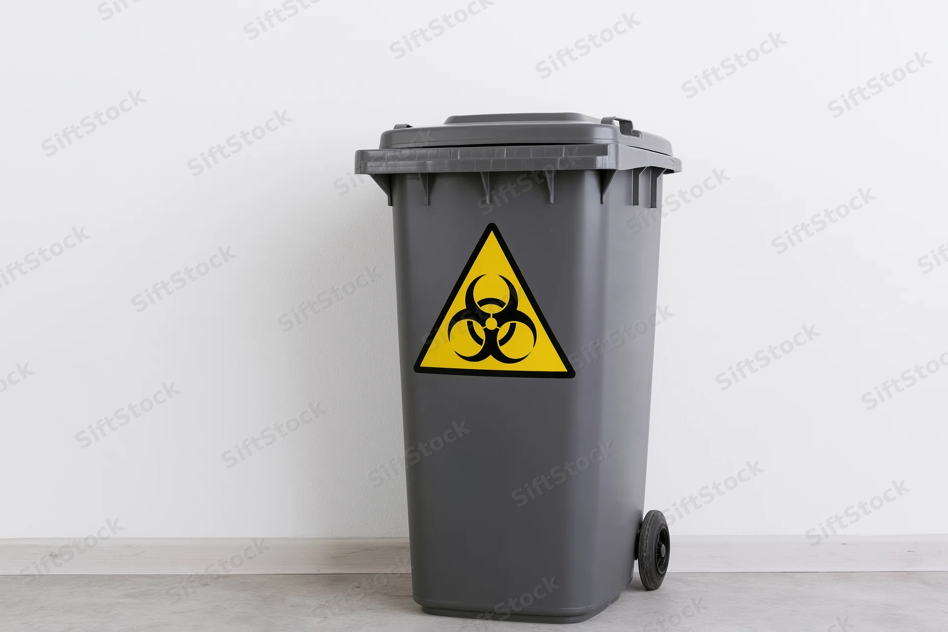 Dark grey wheeled plastic biohazard waste bin with yellow warning symbol standing against white wall indoors
