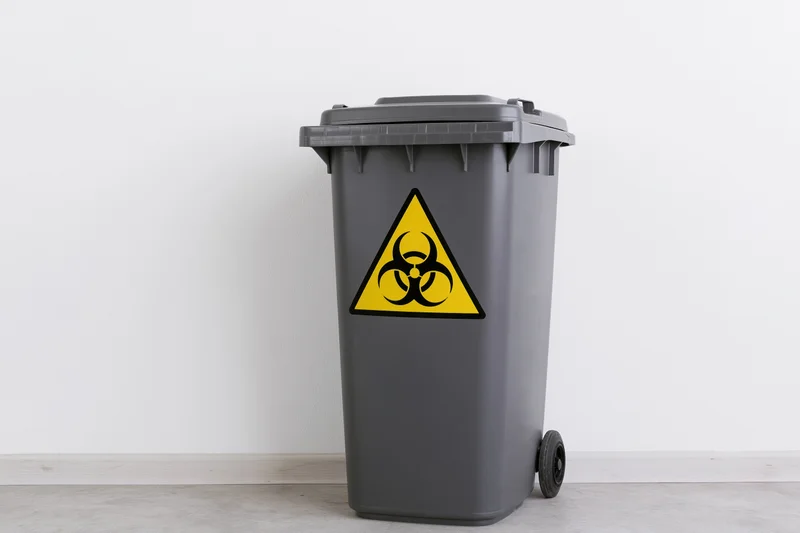 Dark grey wheeled plastic biohazard waste bin with yellow warning symbol standing against white wall indoors