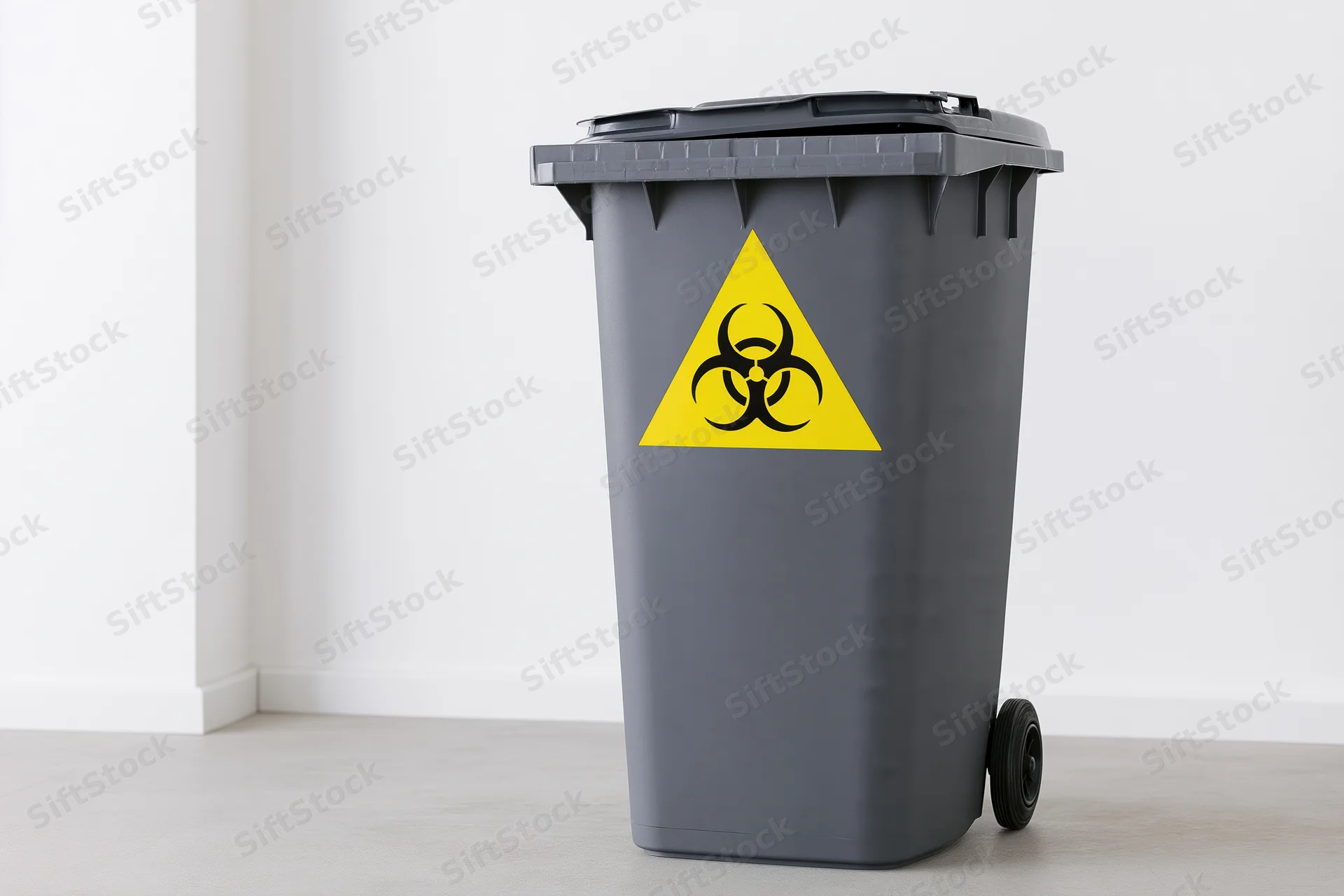 Dark grey wheeled plastic biohazard waste bin with yellow warning symbol on white wall background