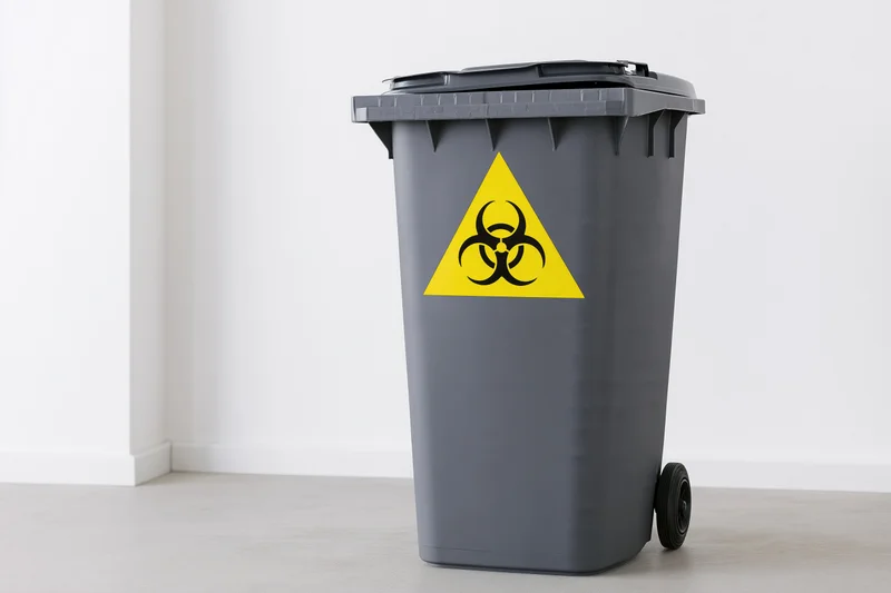 Dark grey wheeled plastic biohazard waste bin with yellow warning symbol on white wall background