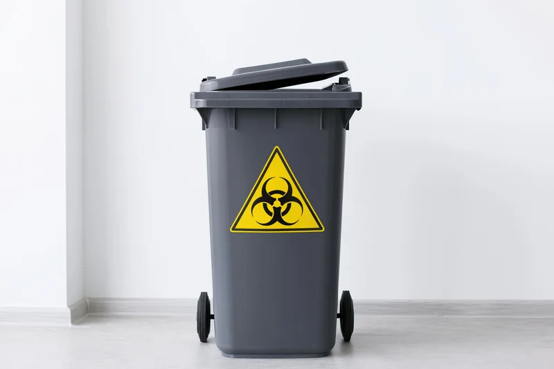 Dark grey wheeled plastic waste bin with yellow biohazard symbol on white wall background