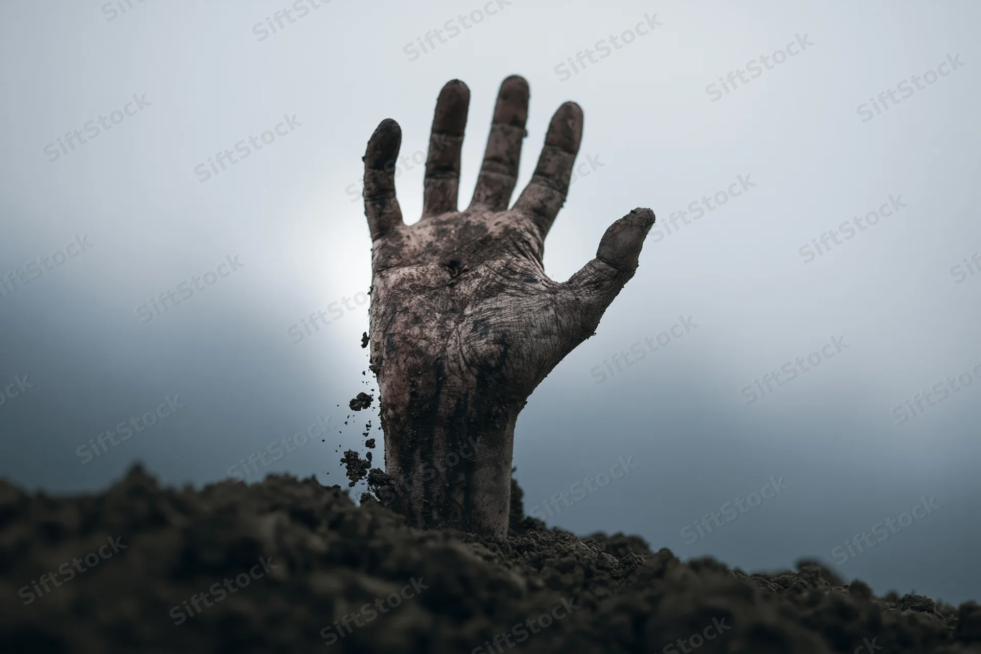 Decayed human hand emerging from dark soil against overcast sky