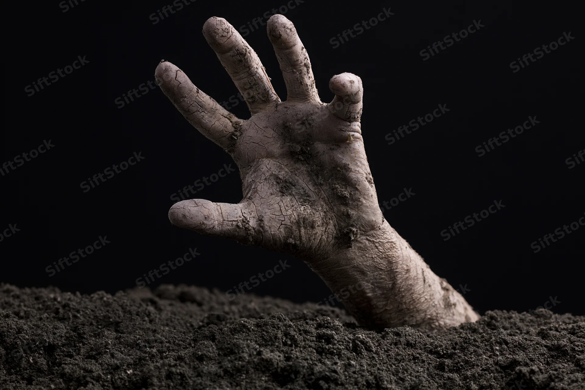 Decayed human hand clawing upward from dark soil against black background
