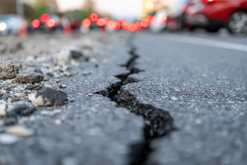 Deep jagged crack splitting asphalt road surface with blurred traffic lights in background