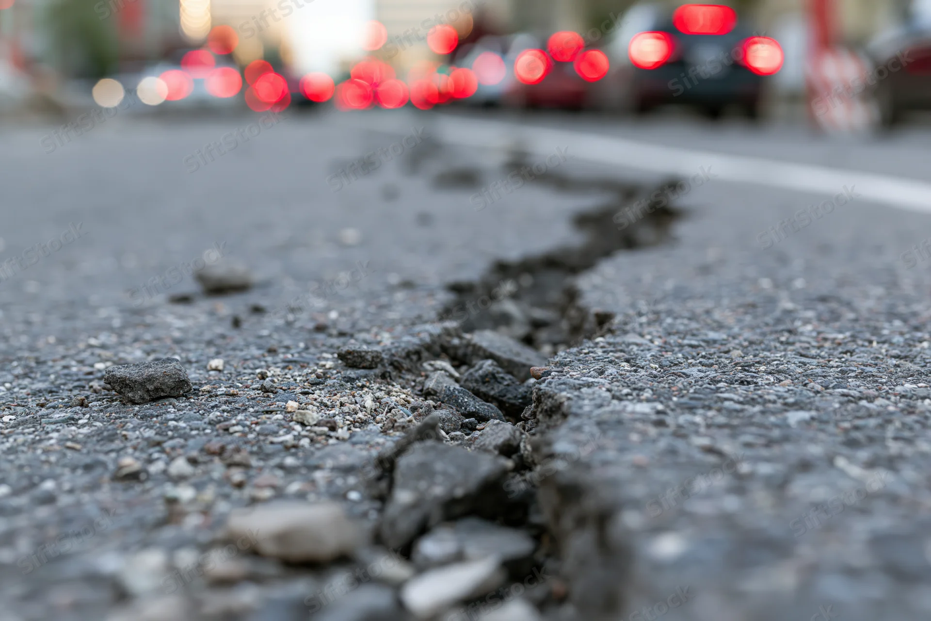 Deep jagged crack splitting asphalt road surface with blurred traffic in background