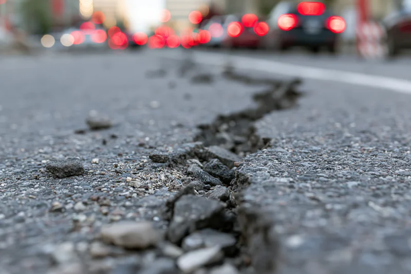 Deep jagged crack splitting asphalt road surface with blurred traffic in background