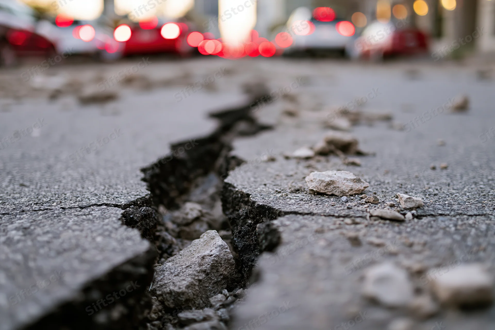 Deep jagged crack splitting asphalt road surface with blurred traffic lights in background