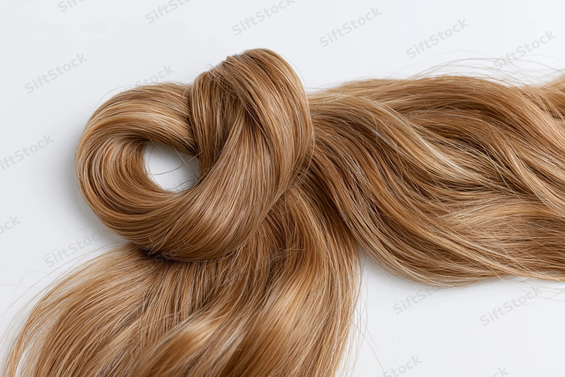 A loose wavy lock of light brown hair styled into a knot on a white background