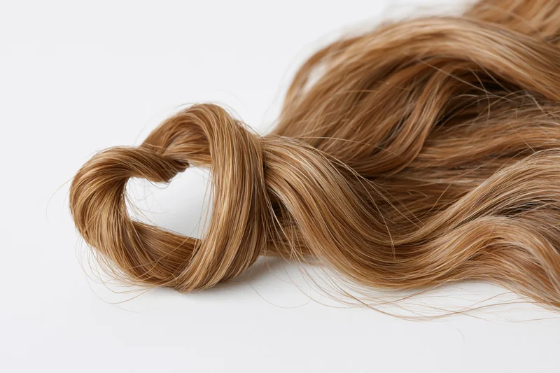 A loose wavy lock of light brown human hair styled in a curl on a white surface
