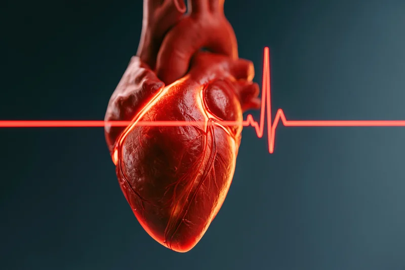 Anatomical human heart model with glowing red ekg line across it on dark background