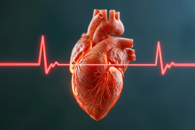 Anatomical human heart model with red ekg line across dark background