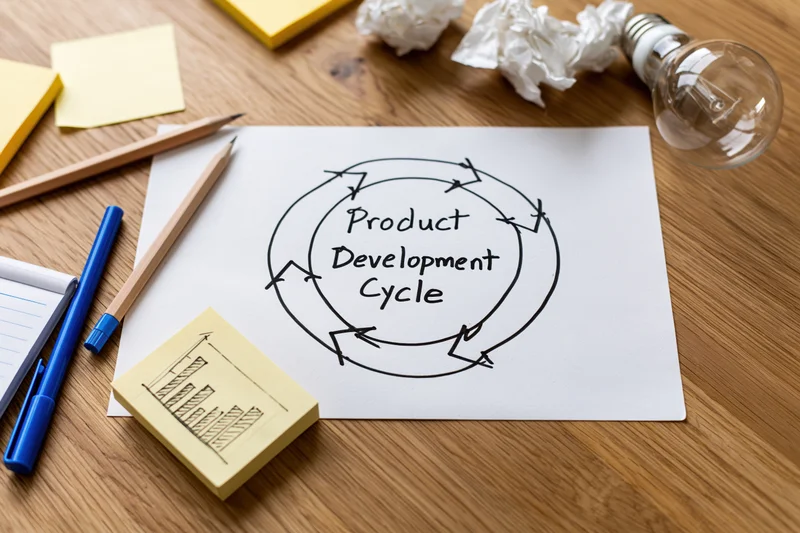 Hand-drawn product development cycle diagram on paper with office supplies around it