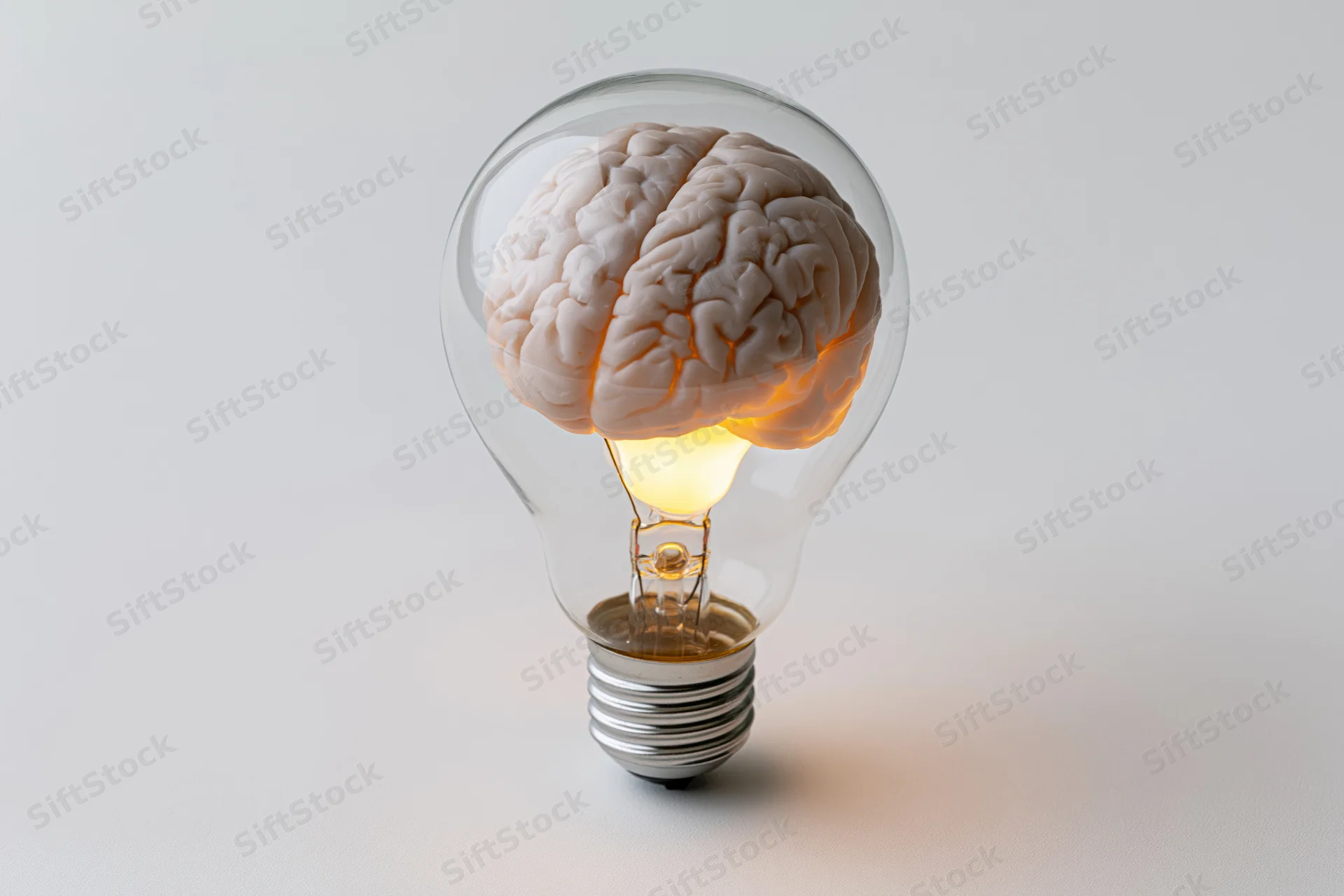 Human brain glowing inside a glass incandescent lightbulb on white surface