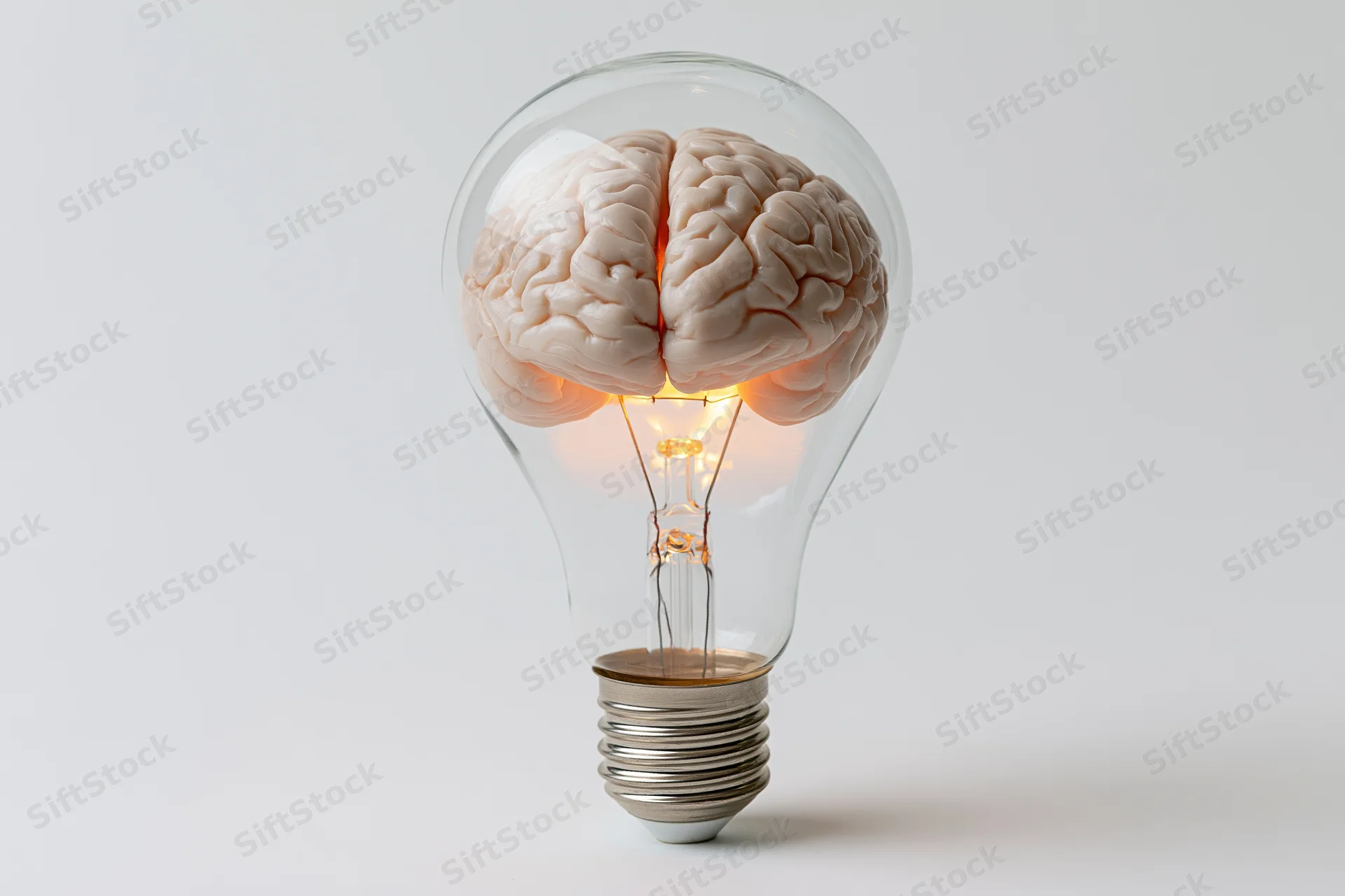Lightbulb containing a glowing human brain on a white background