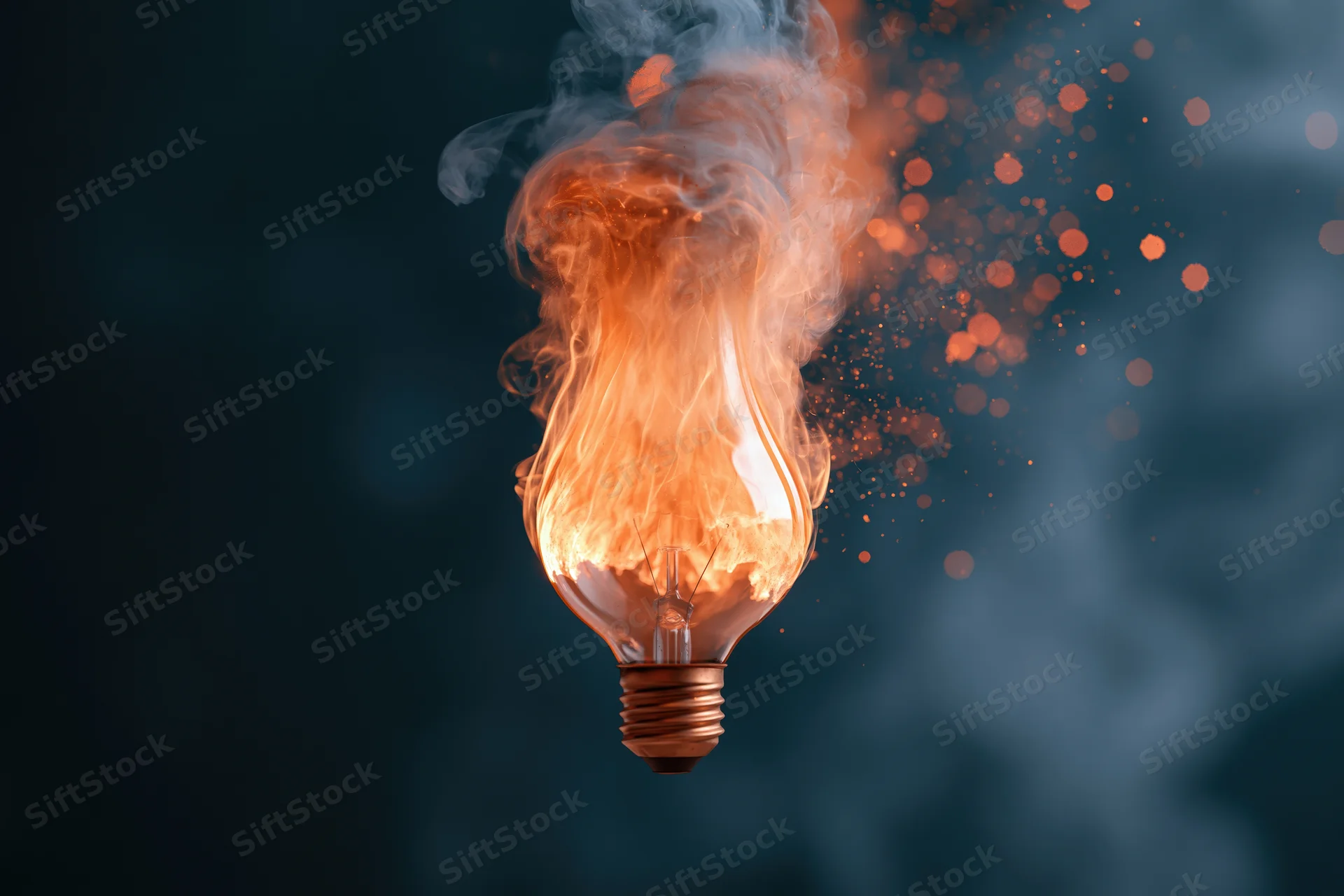 Burning incandescent lightbulb with flames and smoke against dark background