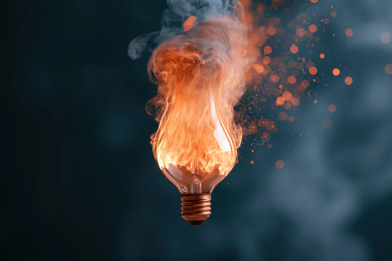 Burning incandescent lightbulb with flames and smoke against dark background