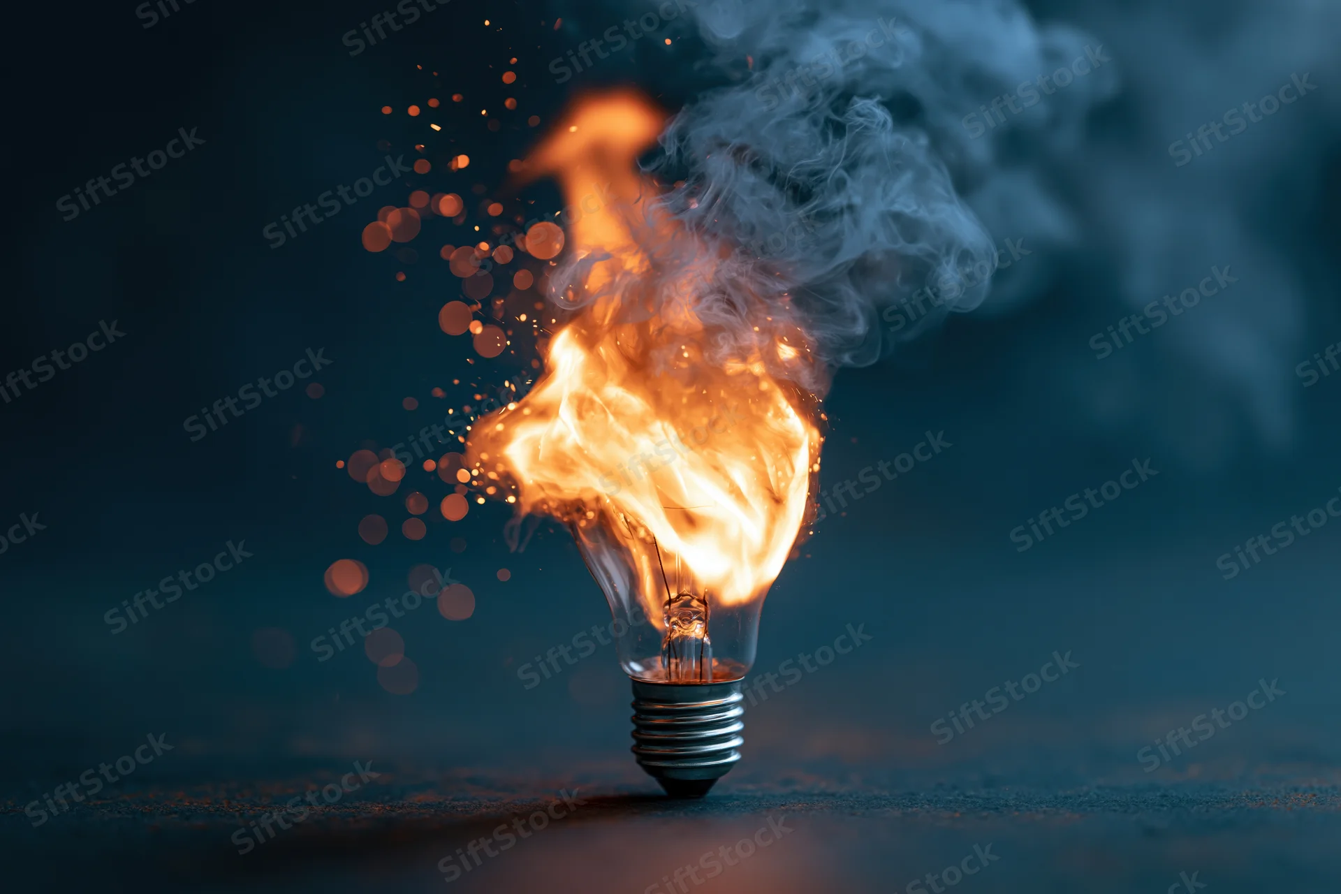 Burning incandescent light bulb with flames and smoke on dark surface