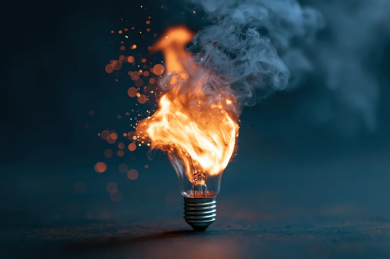 Burning incandescent light bulb with flames and smoke on dark surface