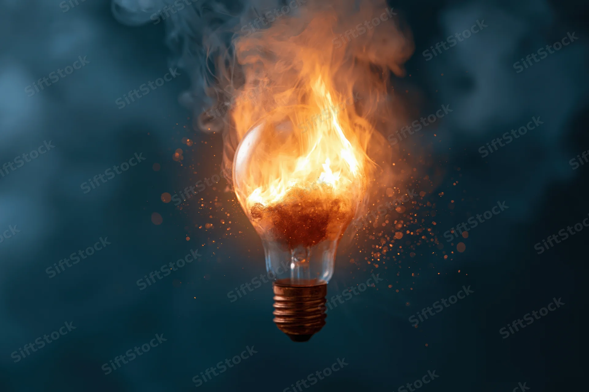 Burning incandescent lightbulb with flames and smoke against dark background