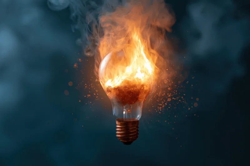 Burning incandescent lightbulb with flames and smoke against dark background