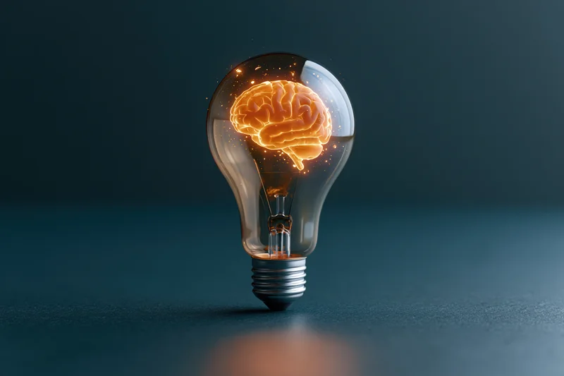 Glowing brain inside a lightbulb on dark surface