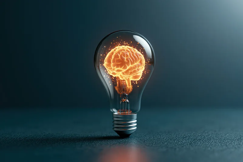 Glowing brain inside a lightbulb on dark surface