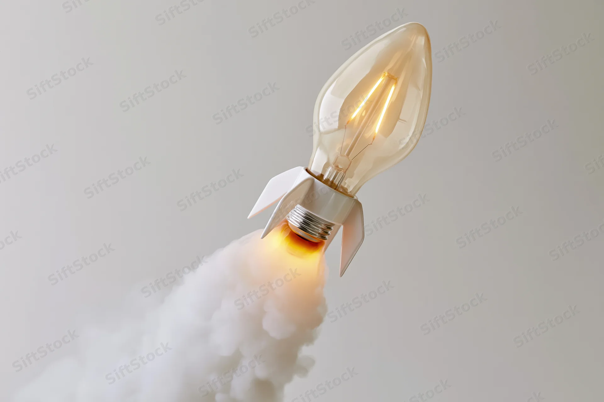Lightbulb shaped as rocket with fins launching upward emitting smoke against plain background