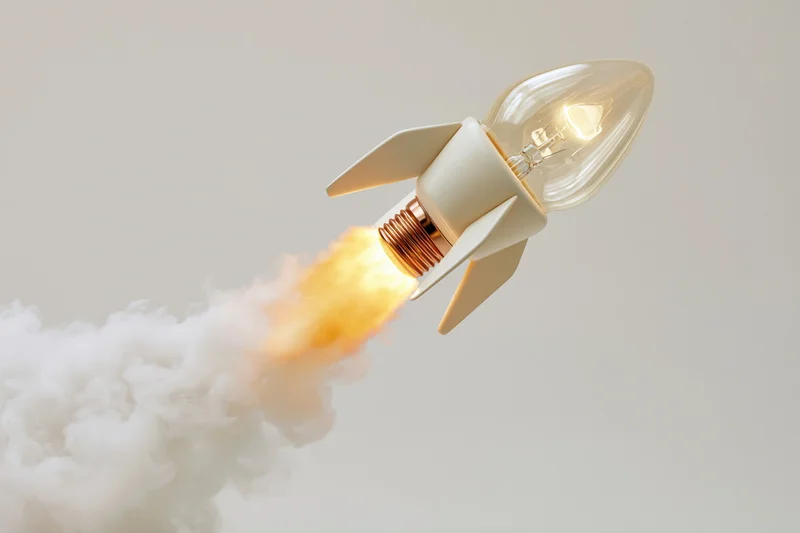 Lightbulb rocket launching with flames and smoke against plain background