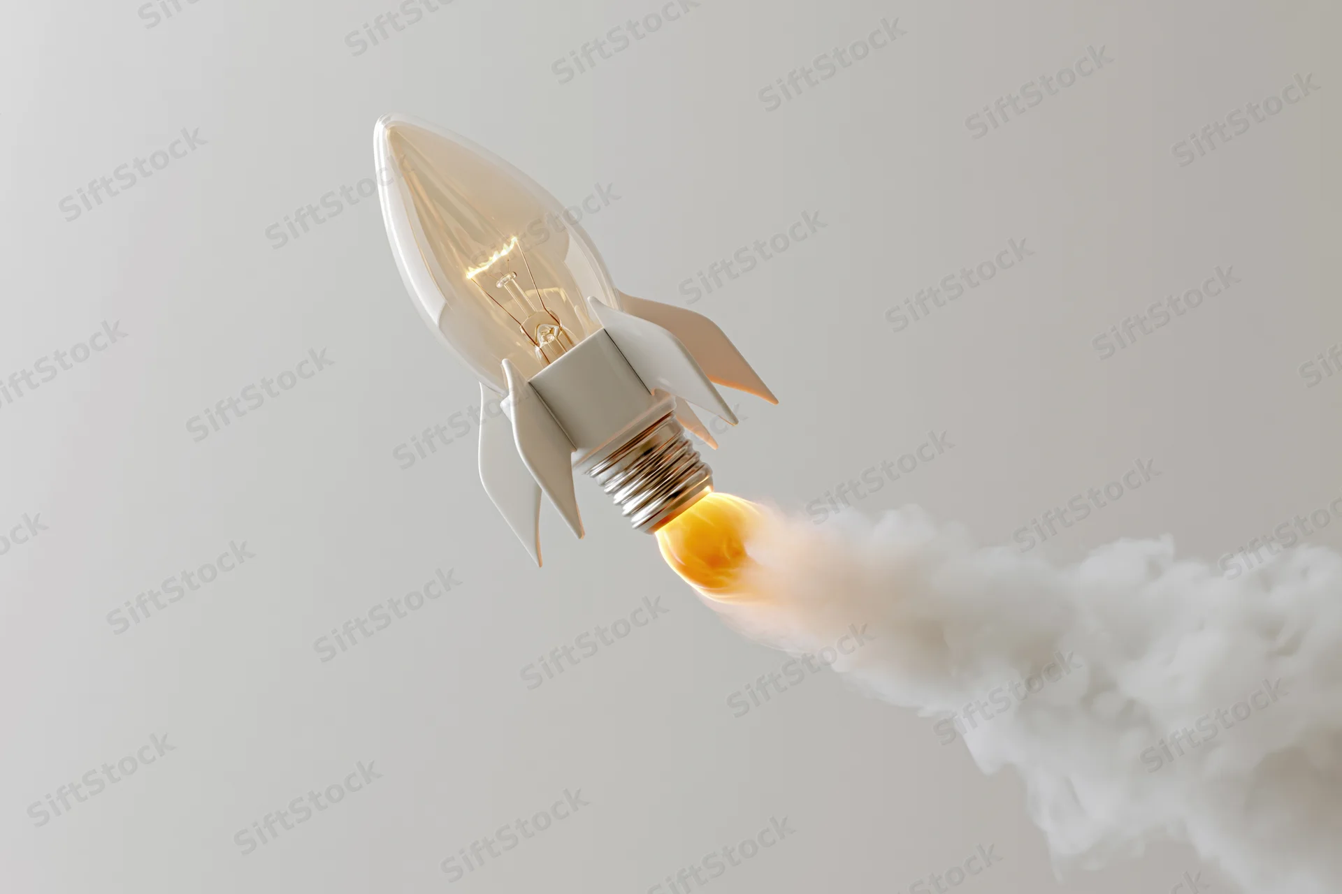 Lightbulb shaped as rocket launching with smoke trail against plain background