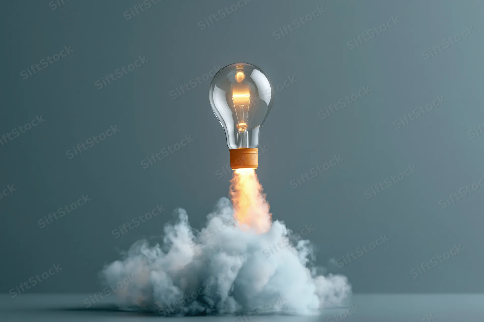 Lightbulb launching upward with flame and smoke against gray background