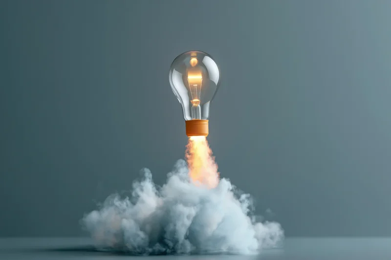 Lightbulb launching upward with flame and smoke against gray background