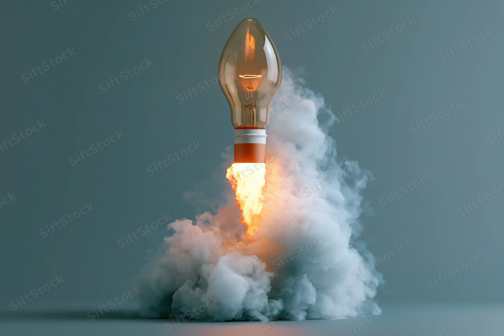 Lightbulb rocket launching upward with fire and smoke against gray background