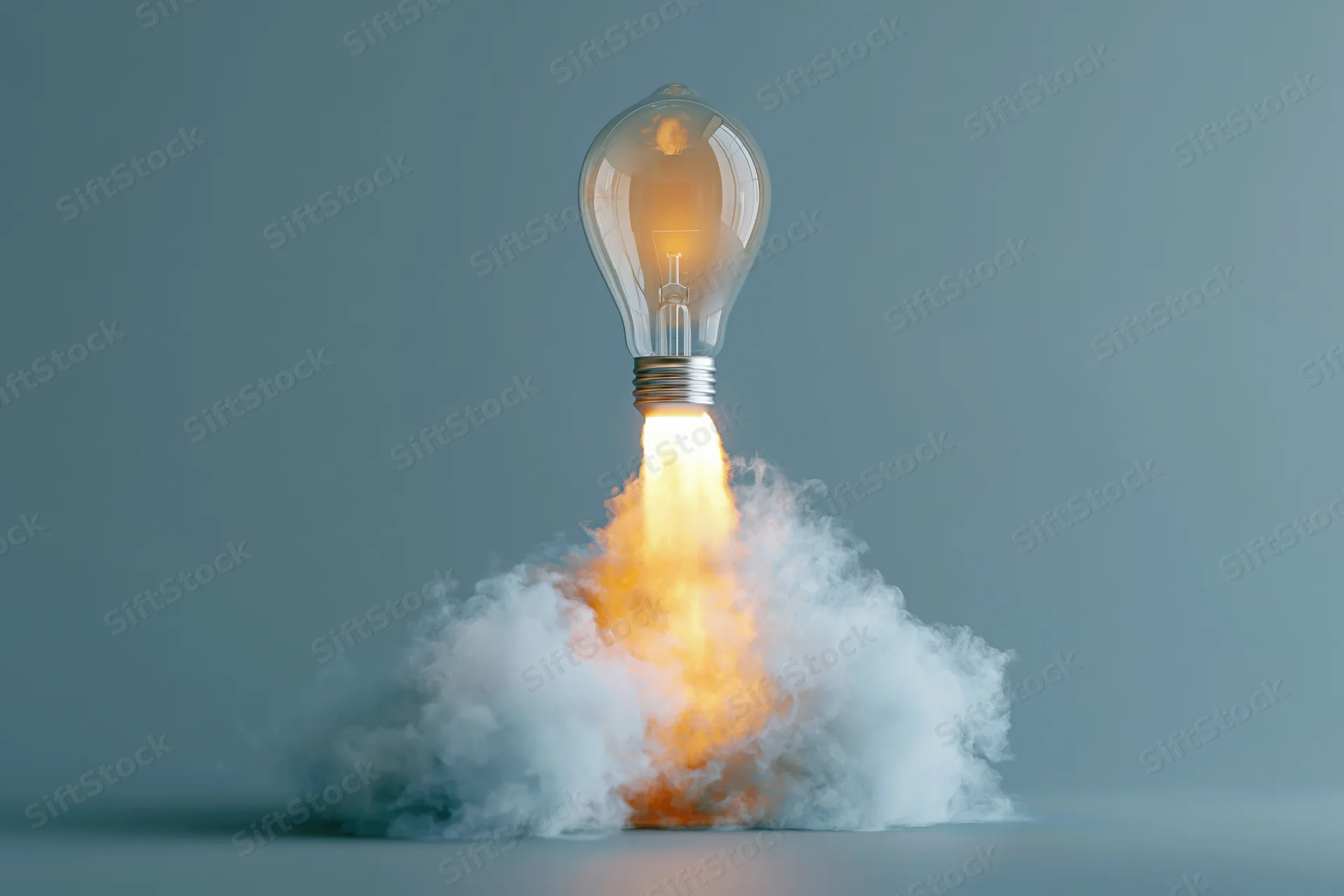 Lightbulb launching upward like a rocket with flame and smoke against a gray background