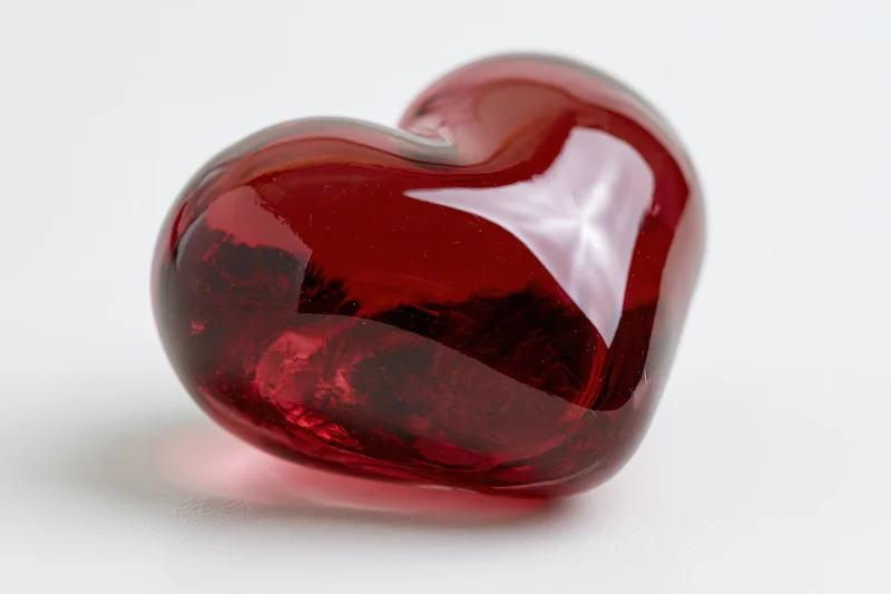 Glossy red glass heart sculpture on white background