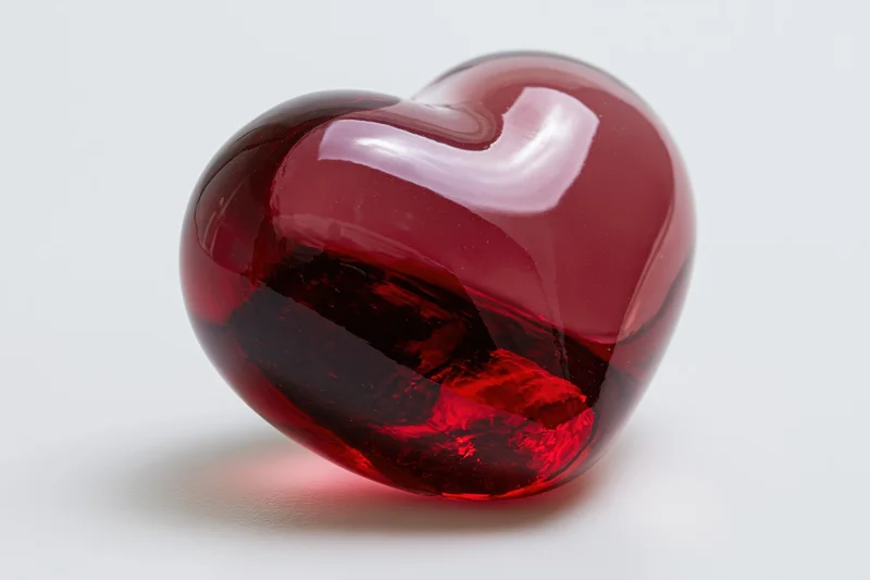 Glossy red glass heart sculpture on plain white surface