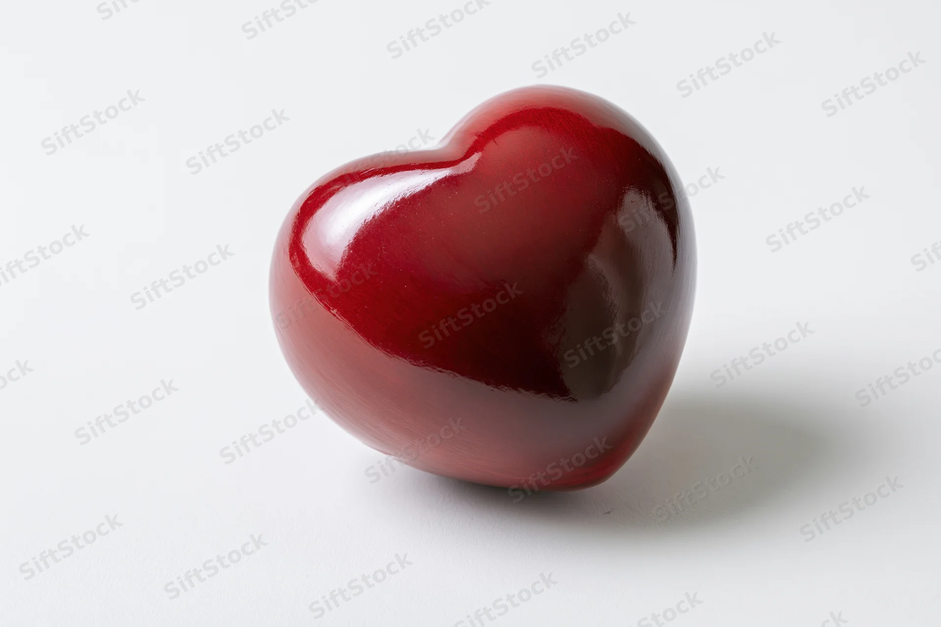 Glossy red heart-shaped candy on white surface